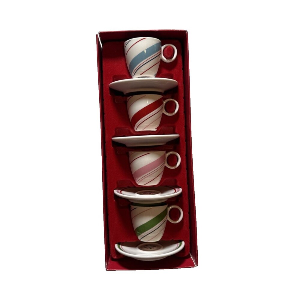 Starbucks Christmas Candy Cane Striped  Demitasse Espresso 3 Oz Cups & Saucers
